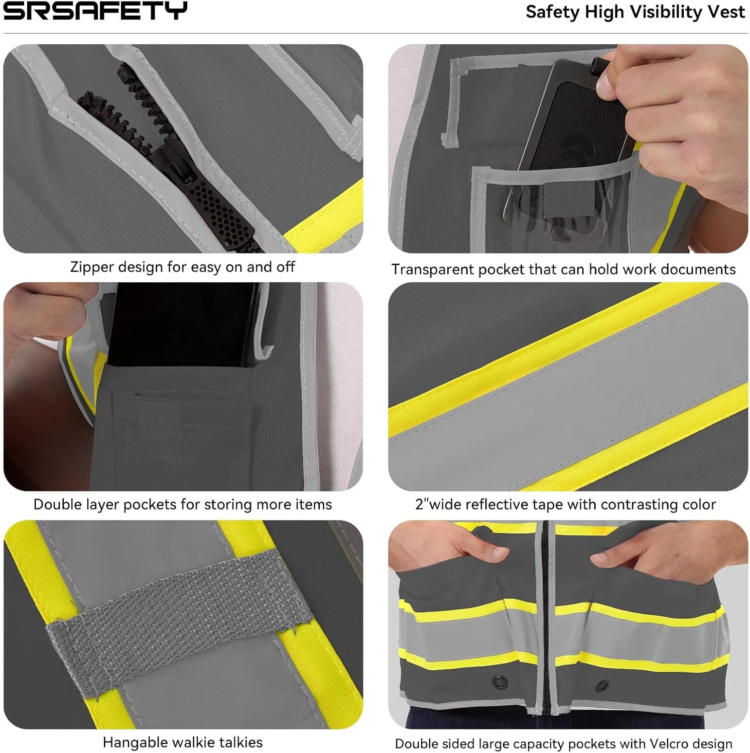 SRsafety High Visibility 9 pockets Reflective Safety Vest,Hi Vis Reflective Construction Work Vest for Men Women ANSI/ISEA
