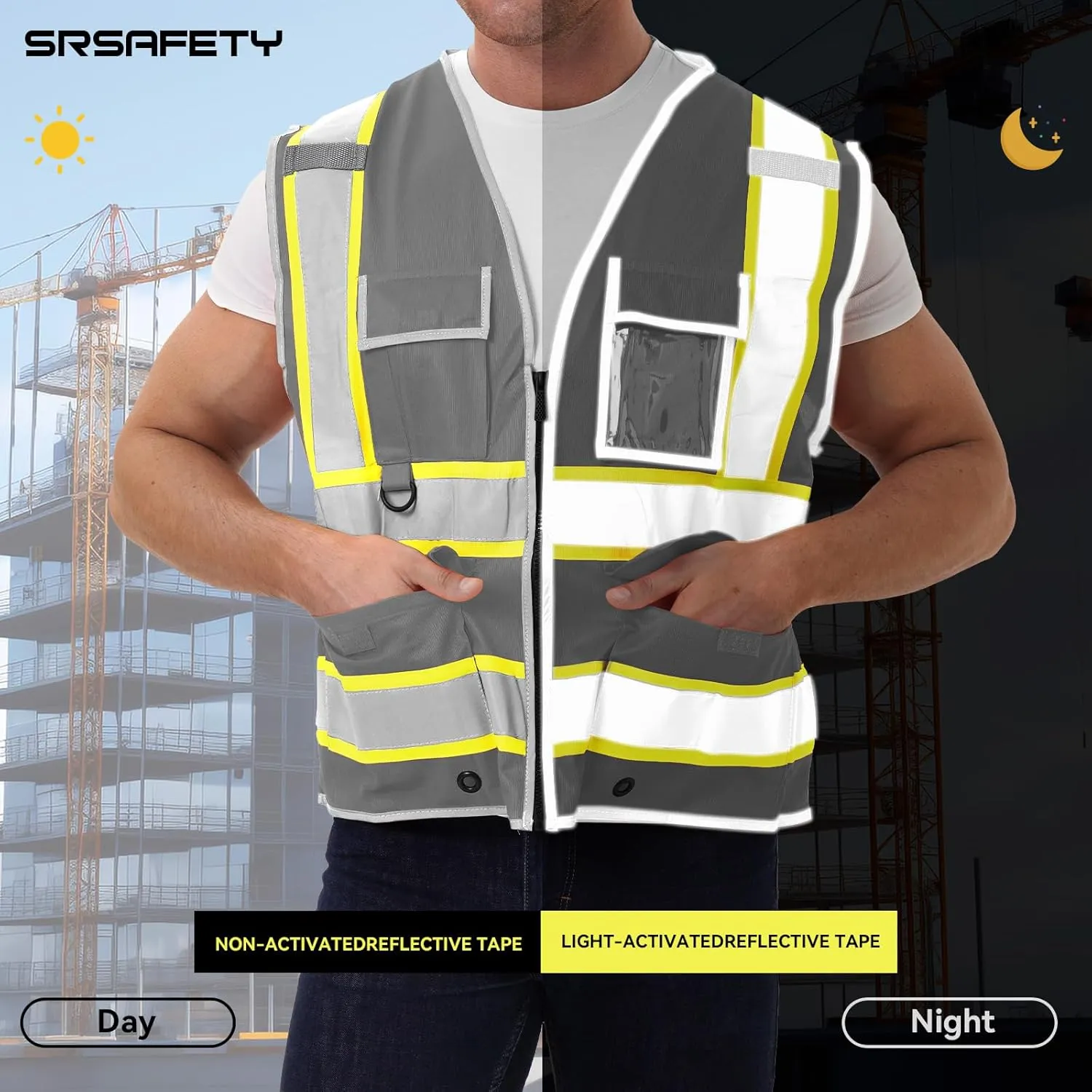 SRsafety High Visibility 9 pockets Reflective Safety Vest,Hi Vis Reflective Construction Work Vest for Men Women ANSI/ISEA