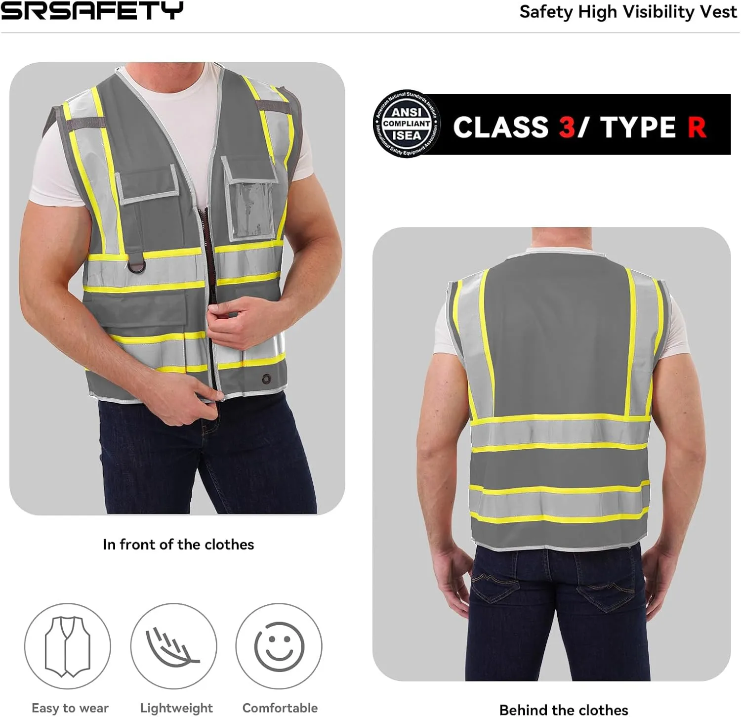 SRsafety High Visibility 9 pockets Reflective Safety Vest,Hi Vis Reflective Construction Work Vest for Men Women ANSI/ISEA