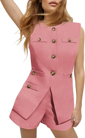 Tankaneo Womens 2 Piece Outfits Casual Suit Sets Sleeveless Button Down Blazer Vest Shorts Office Business Matching Set