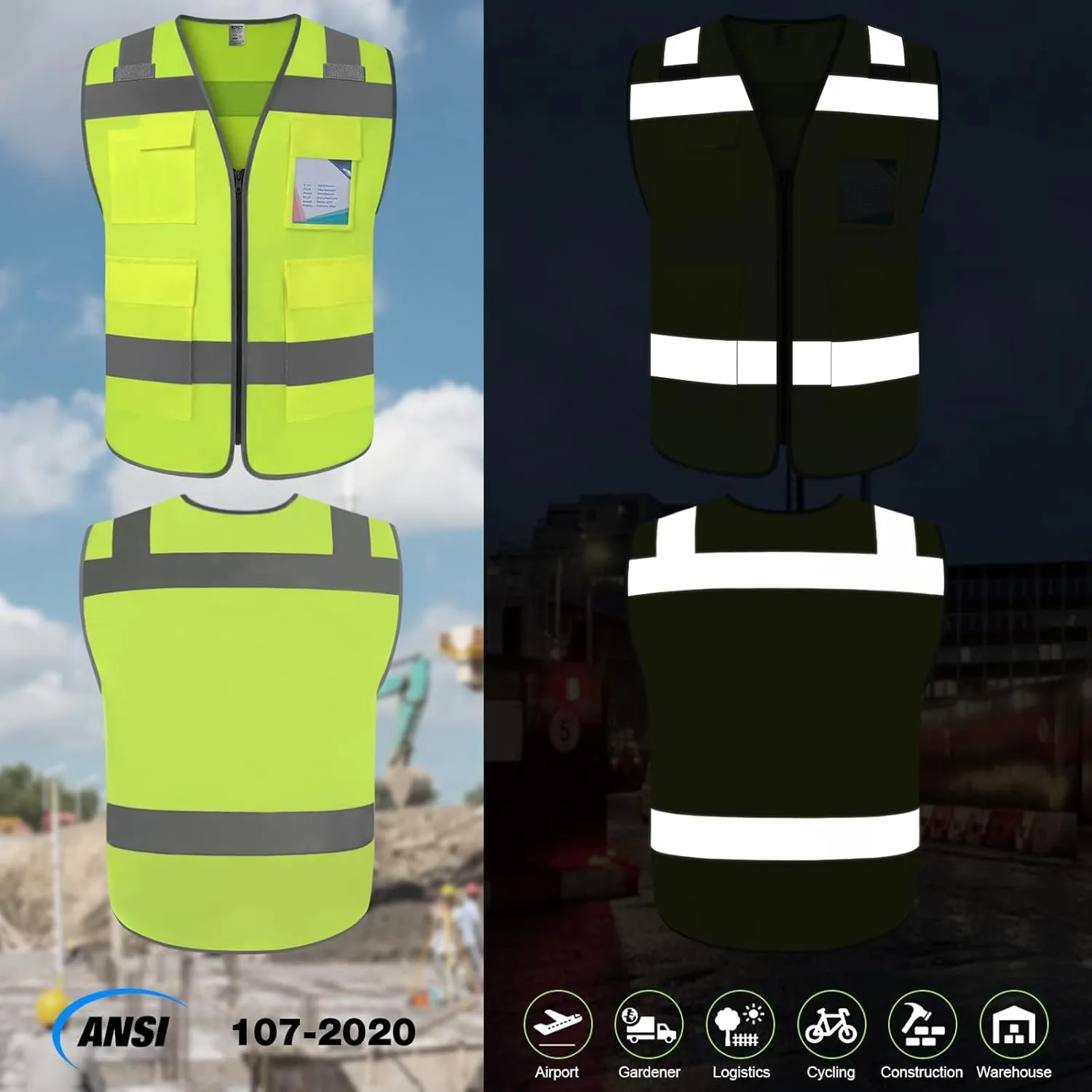 TCCFCCT Safety Vest - Men's 5 Pocket Reflective Vest, Durable High Visibility, ANSI/ISEA Compliant, T5-Yellow, L