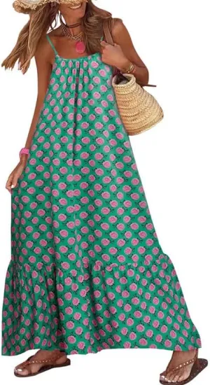Thopavenoir Boho Floral Print Midi Dress for Women Long Sleeve V Neck Tiered Long Dresses Smocked Beach Bohemian Sundress