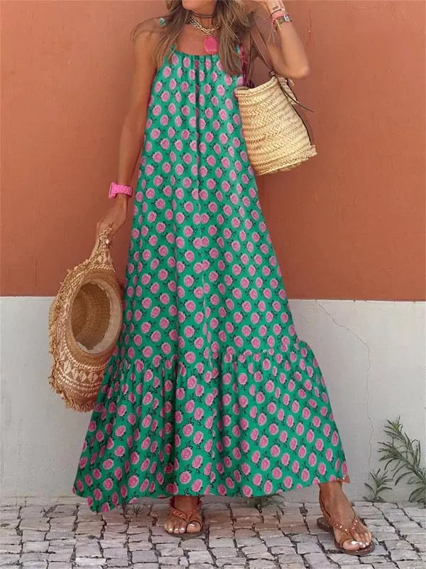Thopavenoir Boho Floral Print Midi Dress for Women Long Sleeve V Neck Tiered Long Dresses Smocked Beach Bohemian Sundress