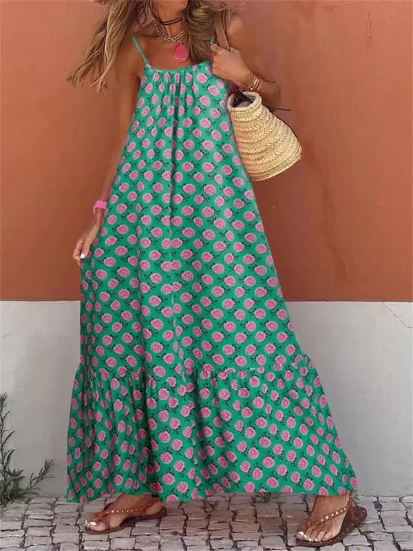 Thopavenoir Boho Floral Print Midi Dress for Women Long Sleeve V Neck Tiered Long Dresses Smocked Beach Bohemian Sundress