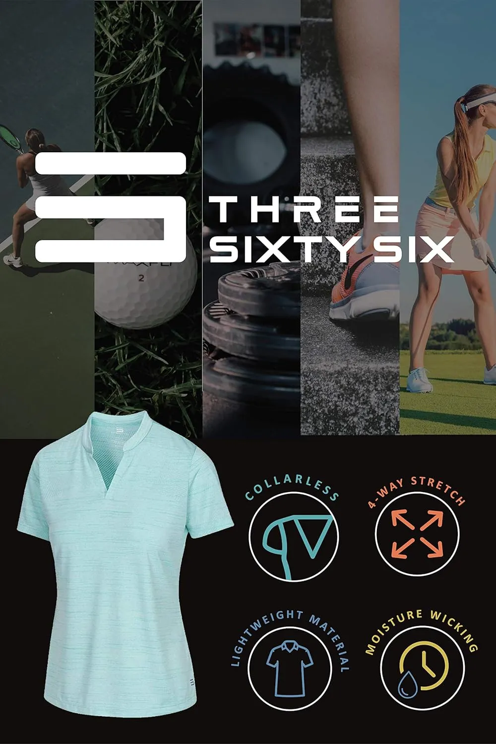 Three Sixty Six Womens Collarless Golf Polo Shirt - Dry Fit, Breathable, Compression Golf Tops