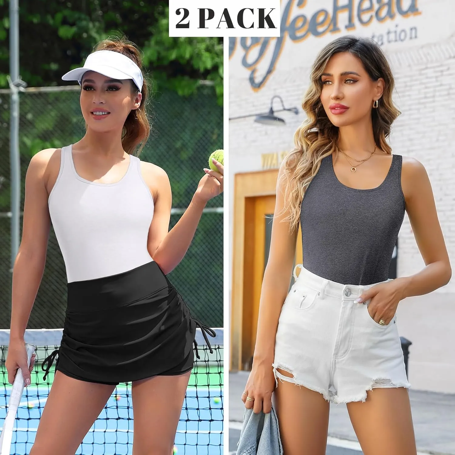 V FOR CITY Womens Shelf Bra Tank Tops Racerback Workout Camis Yoga Shirt Cotton Undershirt 2 Pack