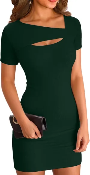 VICHYIE Womens Summer Dresses Cutout One Piece Ribbed Bodycon Mini Short Sleeve Casual Slim Fitted Pencil Dresses