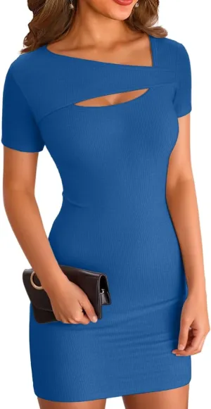 VICHYIE Womens Summer Dresses Cutout One Piece Ribbed Bodycon Mini Short Sleeve Casual Slim Fitted Pencil Dresses