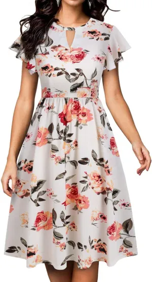 Vintage Floral Dress for Women Round Neck Keyhole Ruffle Short Sleeves Fit and Flare Casual Party Dress with Pockets