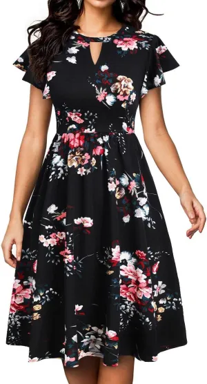 Vintage Floral Dress for Women Round Neck Keyhole Ruffle Short Sleeves Fit and Flare Casual Party Dress with Pockets
