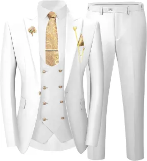 Wangyue 3 Pieces Suits for Men Slim Fit Gold Button Double Breasted Suit Tuxedos Wedding Prom Suit Blazer Vest Pants Set