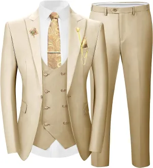 Wangyue 3 Pieces Suits for Men Slim Fit Gold Button Double Breasted Suit Tuxedos Wedding Prom Suit Blazer Vest Pants Set