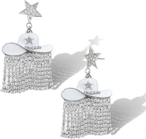Western Enamel Cowboy Star Hat Earrings for Women, Sparkle Rhinestone Tassels Country Concert Rodeo Outfit Fringe Drop Dangle Earrings