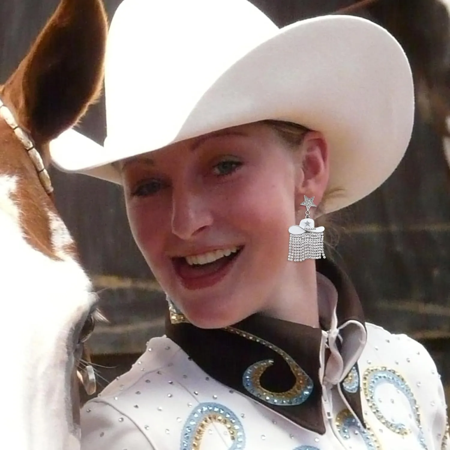 Western Enamel Cowboy Star Hat Earrings for Women, Sparkle Rhinestone Tassels Country Concert Rodeo Outfit Fringe Drop Dangle Earrings