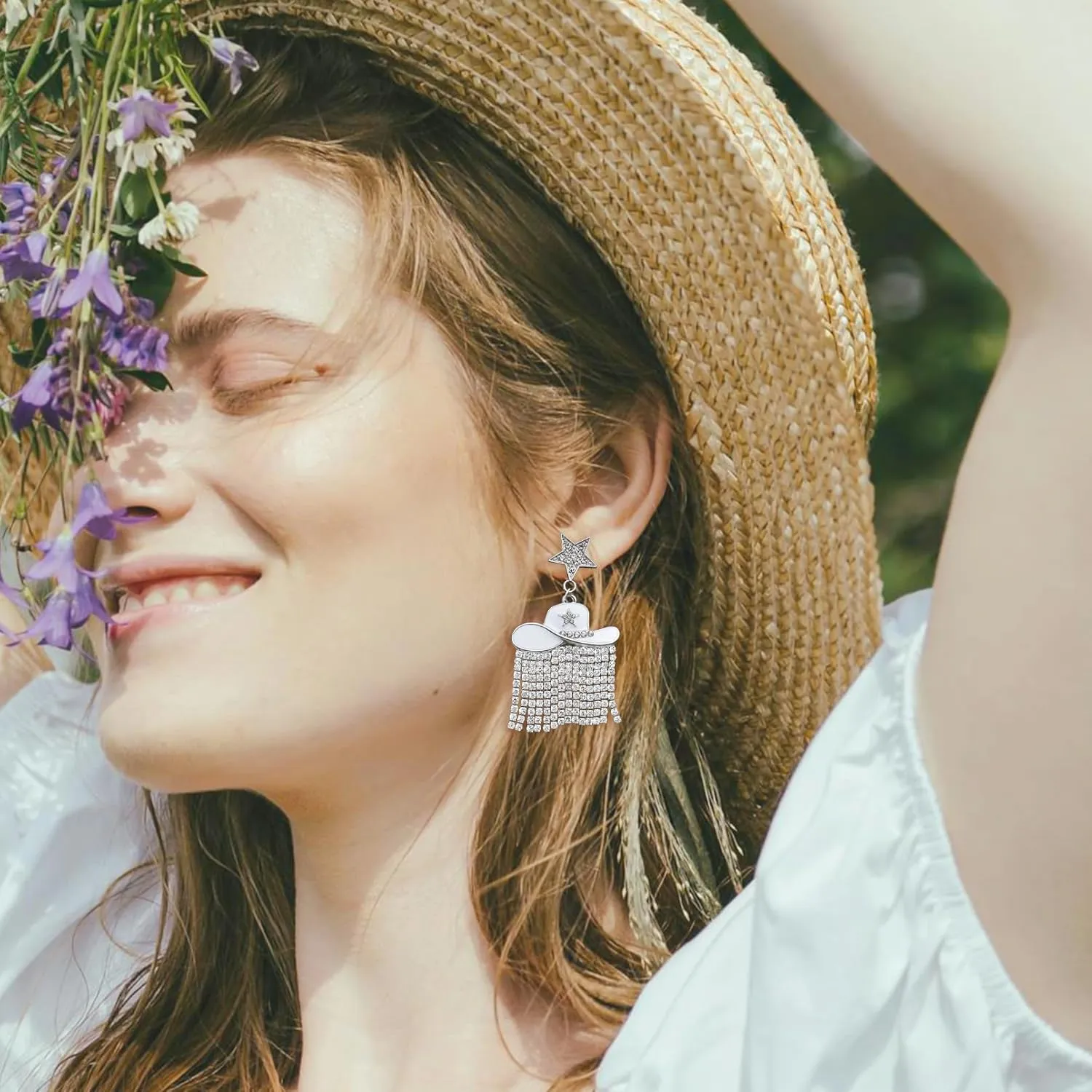 Western Enamel Cowboy Star Hat Earrings for Women, Sparkle Rhinestone Tassels Country Concert Rodeo Outfit Fringe Drop Dangle Earrings