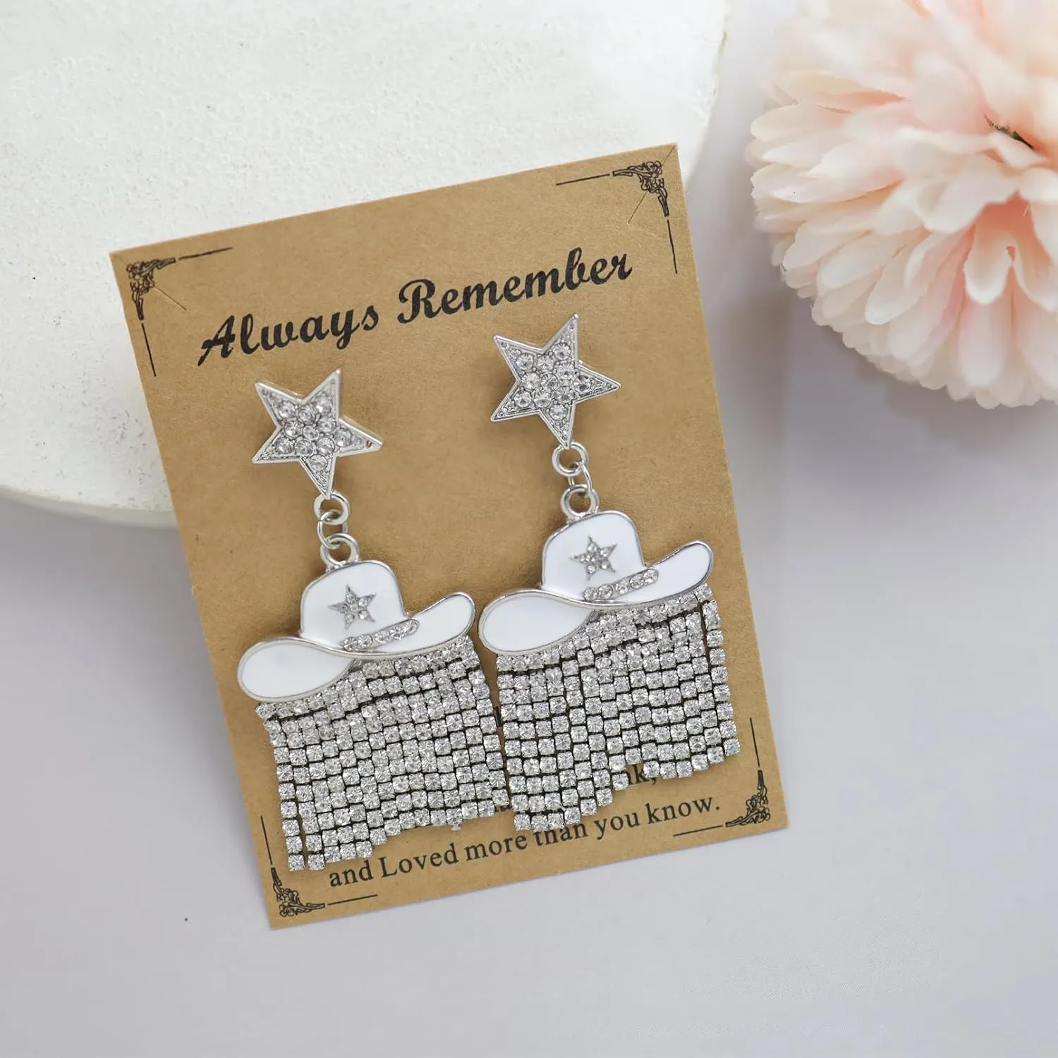 Western Enamel Cowboy Star Hat Earrings for Women, Sparkle Rhinestone Tassels Country Concert Rodeo Outfit Fringe Drop Dangle Earrings