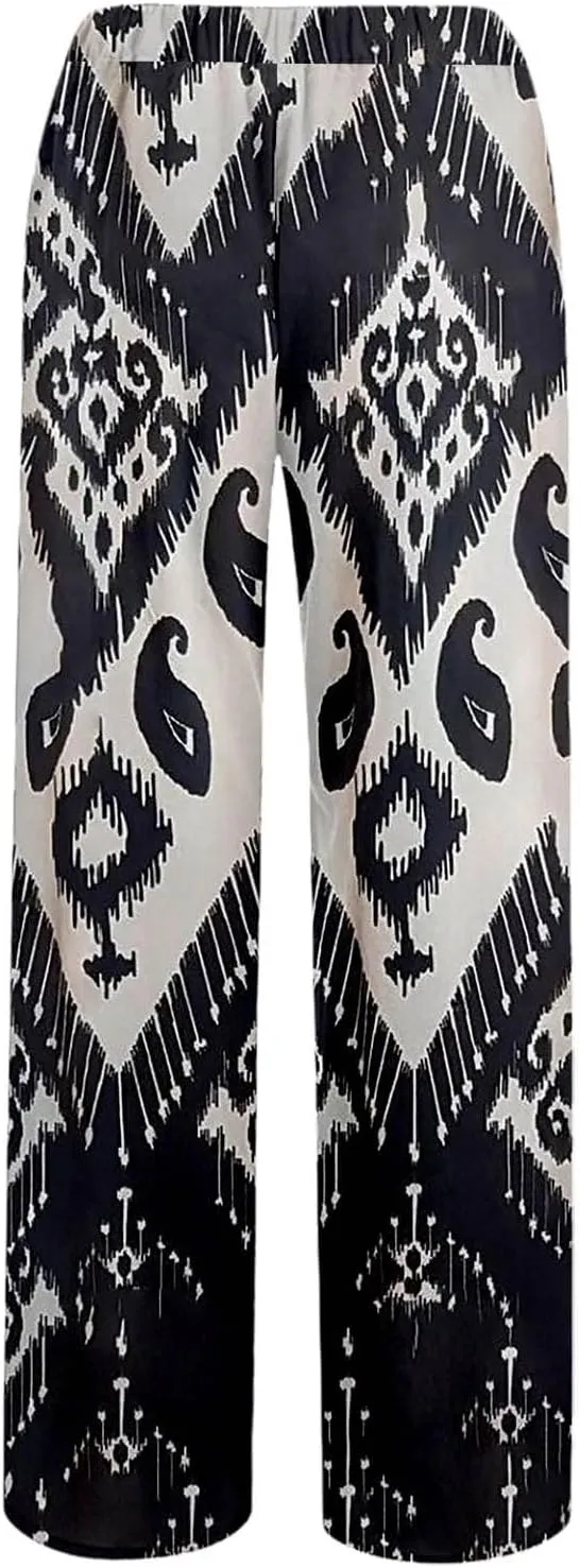 Wide Leg Linen Pants for Women Summer Boho Floral Print High Waisted Palazzo Pants Lounge Beach Trousers with Pockets