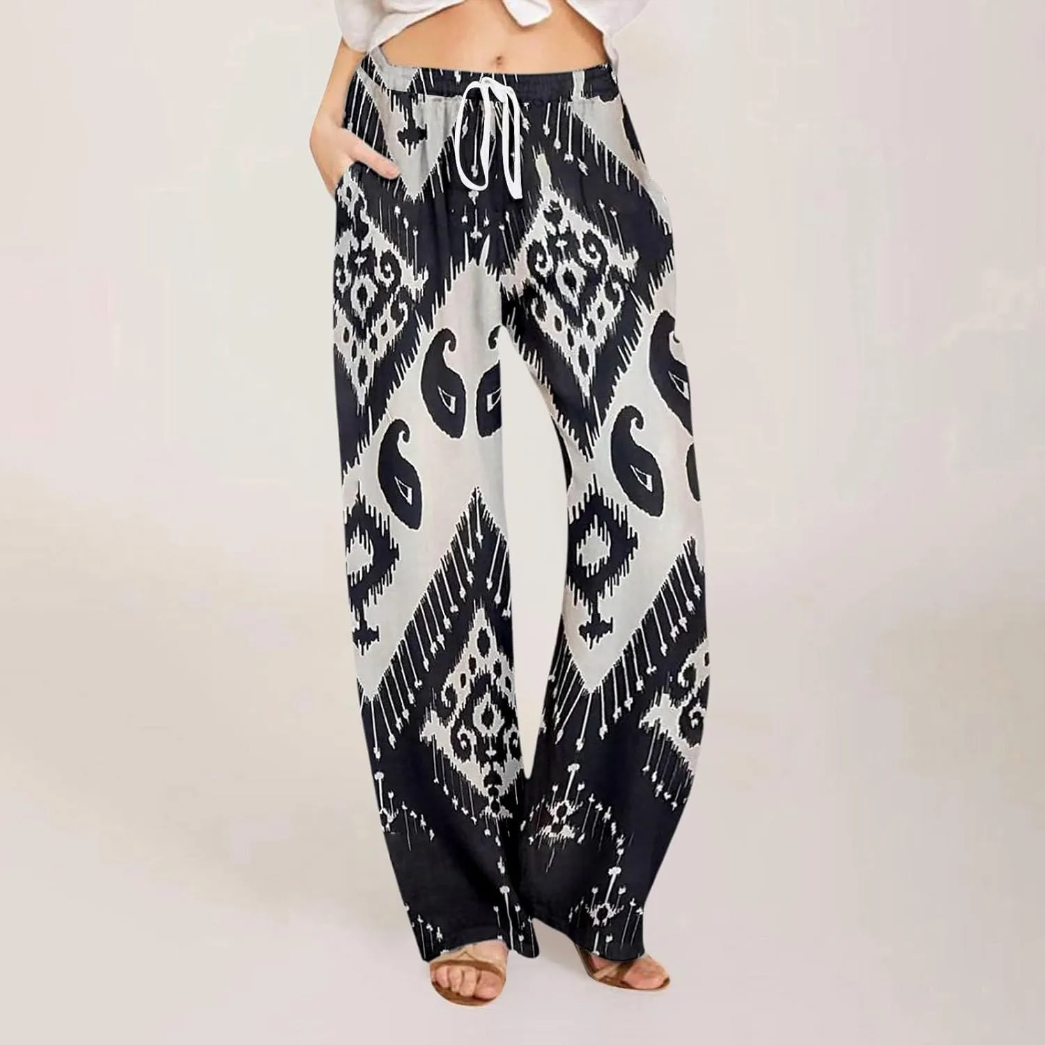 Wide Leg Linen Pants for Women Summer Boho Floral Print High Waisted Palazzo Pants Lounge Beach Trousers with Pockets
