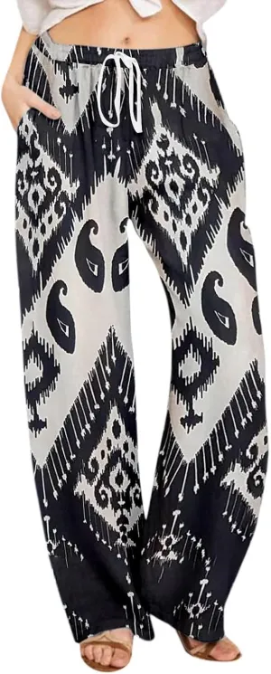 Wide Leg Linen Pants for Women Summer Boho Floral Print High Waisted Palazzo Pants Lounge Beach Trousers with Pockets
