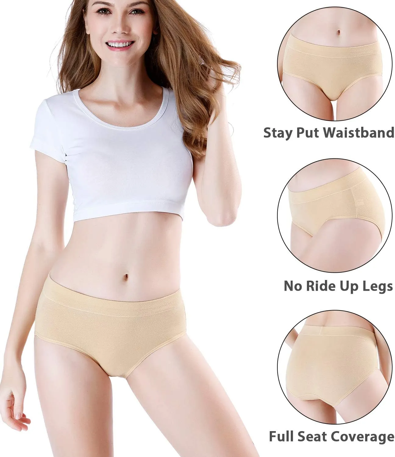 wirarpa Women's Underwear Cotton Mid Waisted Ladies Panties Full Coverage Briefs 4 Pack (Regular & Plus Size)