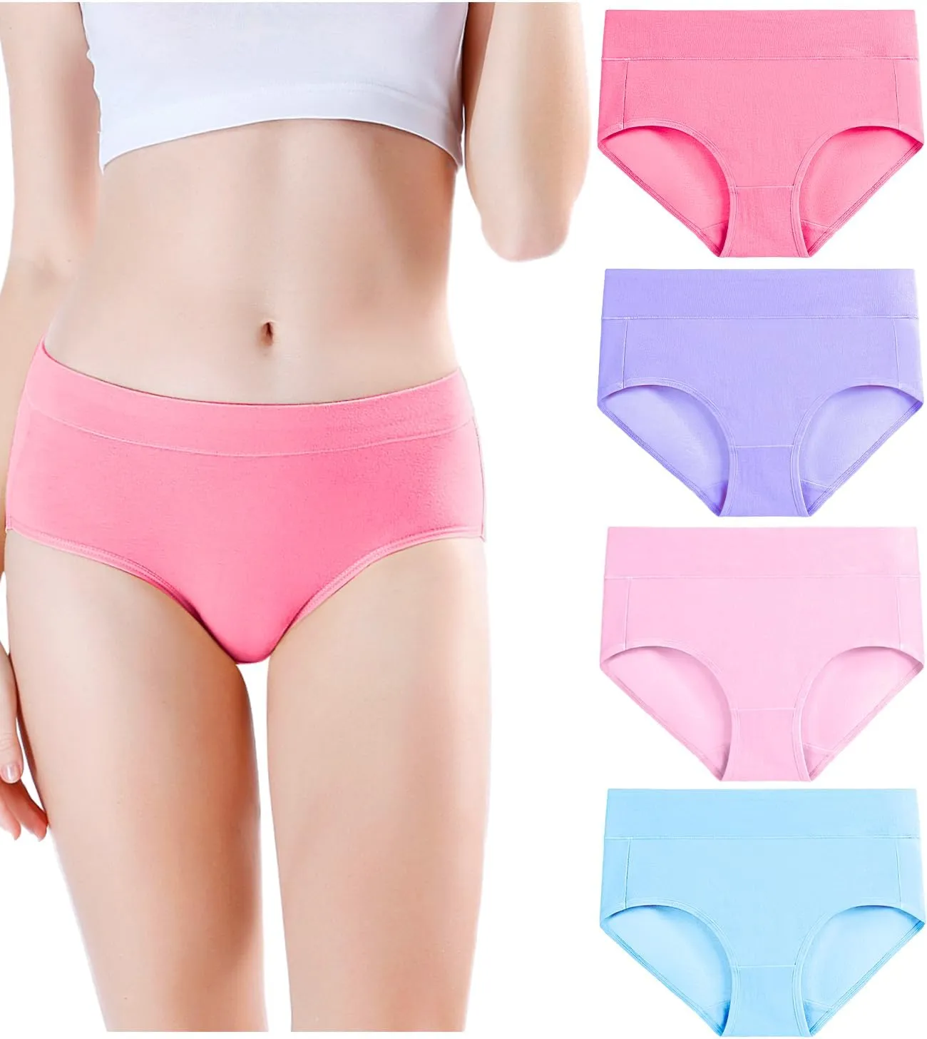 wirarpa Women's Underwear Cotton Mid Waisted Ladies Panties Full Coverage Briefs 4 Pack (Regular & Plus Size)