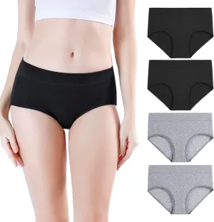 wirarpa Women's Underwear Cotton Mid Waisted Ladies Panties Full Coverage Briefs 4 Pack (Regular & Plus Size)
