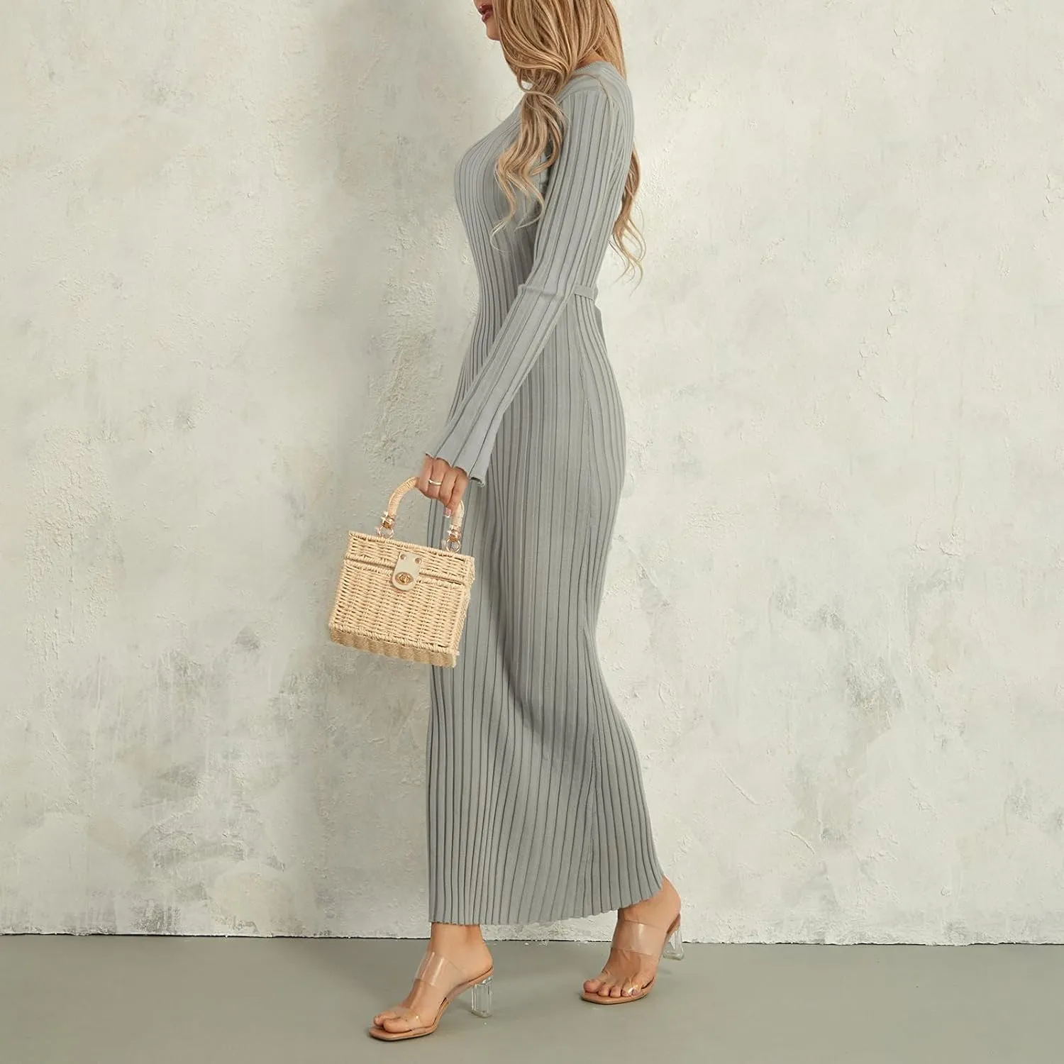 Women Bell Long Sleeve Knit Maxi Dress Crewneck Ribbed Bodycon Long Dress Slim Fit Y2K Sweater Dress Streetwear