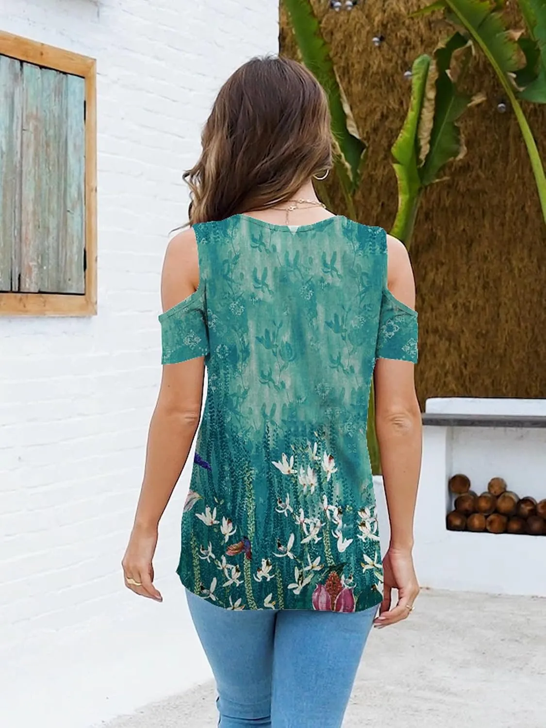 Women O Ring Cold Shoulder Cute Shirts Casual Loose Fit Short Sleeve Shirt Gradient Notched Neck Casual Tee