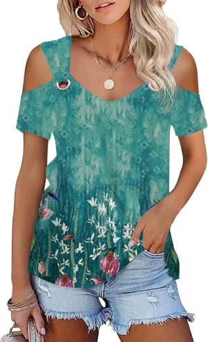 Women O Ring Cold Shoulder Cute Shirts Casual Loose Fit Short Sleeve Shirt Gradient Notched Neck Casual Tee