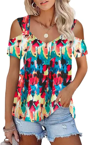 Women O Ring Cold Shoulder Cute Shirts Casual Loose Fit Short Sleeve Shirt Gradient Notched Neck Casual Tee