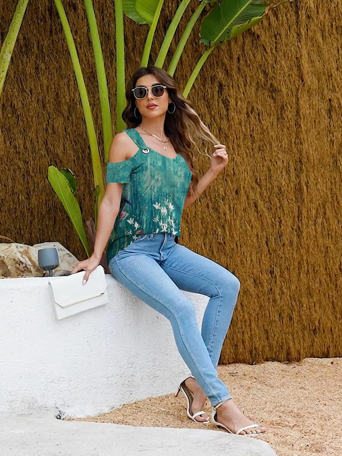 Women O Ring Cold Shoulder Cute Shirts Casual Loose Fit Short Sleeve Shirt Gradient Notched Neck Casual Tee