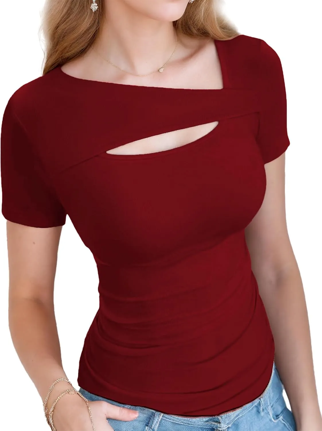 Women Ribbed Short/Long Sleeve Shirts Fashion Slim Fitted Clothes One Piece Cutout Tops 2025 S-XL