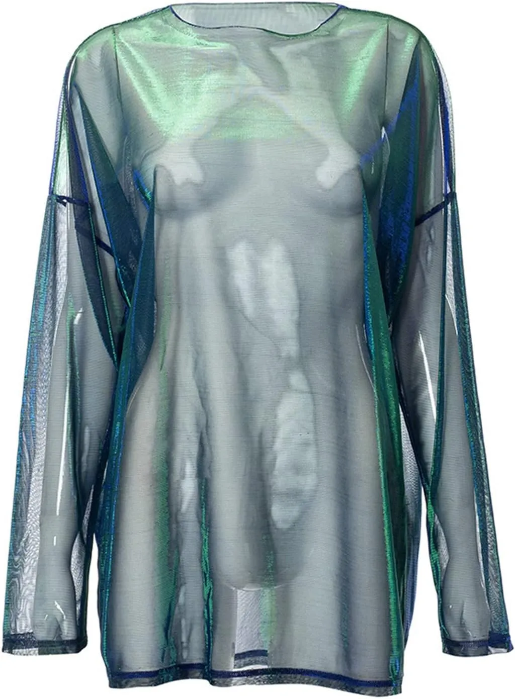 Women See-Thru Sparkly Cover Up Tops E-Girls Metallic Shiny Oversized Tee Shirts
