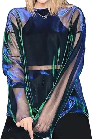 Women See-Thru Sparkly Cover Up Tops E-Girls Metallic Shiny Oversized Tee Shirts