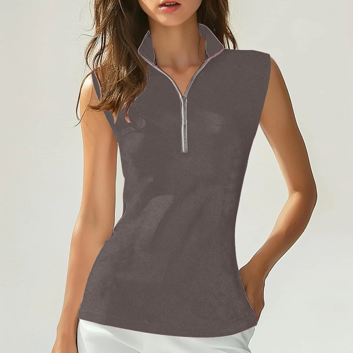 Women Sleeveless Golf Tennis Polo Shirts Zip Up Casual Summer Athletic Workout Tank Tops Breathable Mesh Quick Dry Sports Tee