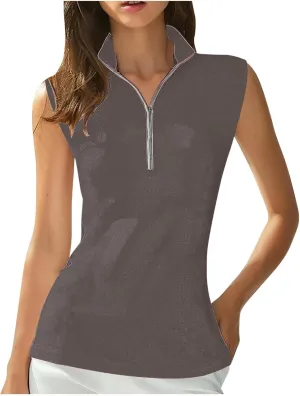 Women Sleeveless Golf Tennis Polo Shirts Zip Up Casual Summer Athletic Workout Tank Tops Breathable Mesh Quick Dry Sports Tee