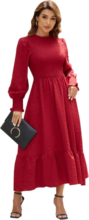 Women's 2025 Spring Fall Midi Dress Casual Long Sleeve Crew Neck Smocked Tiered Long Flowy Dresses with Pockets