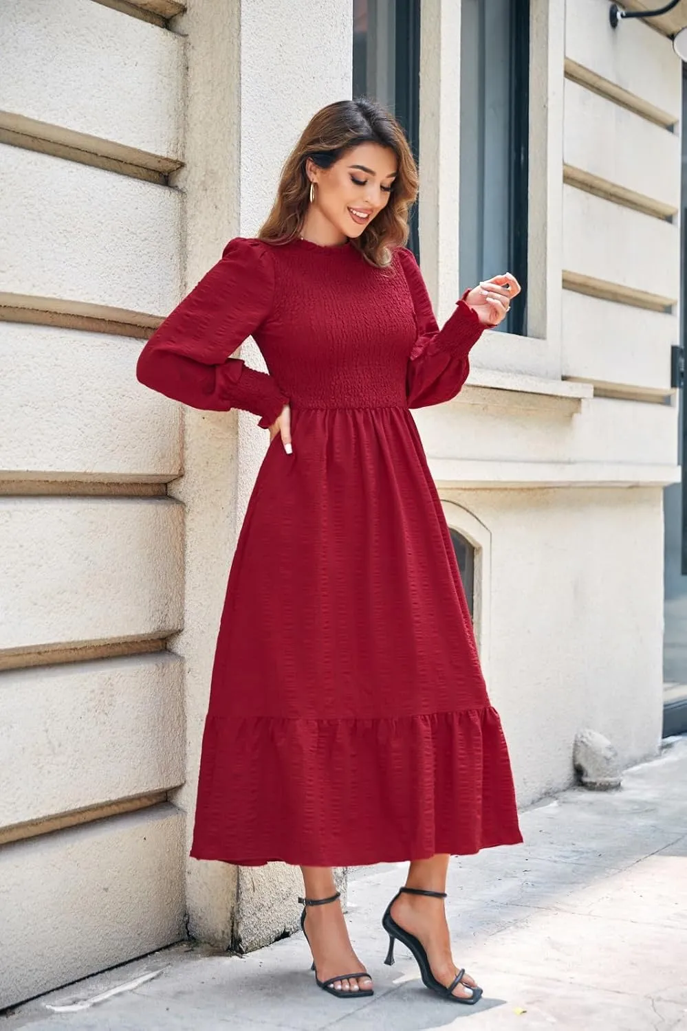 Women's 2025 Spring Fall Midi Dress Casual Long Sleeve Crew Neck Smocked Tiered Long Flowy Dresses with Pockets