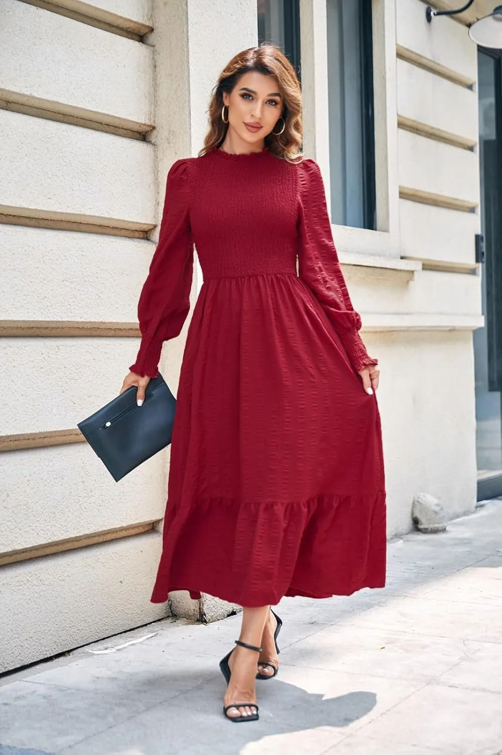 Women's 2025 Spring Fall Midi Dress Casual Long Sleeve Crew Neck Smocked Tiered Long Flowy Dresses with Pockets