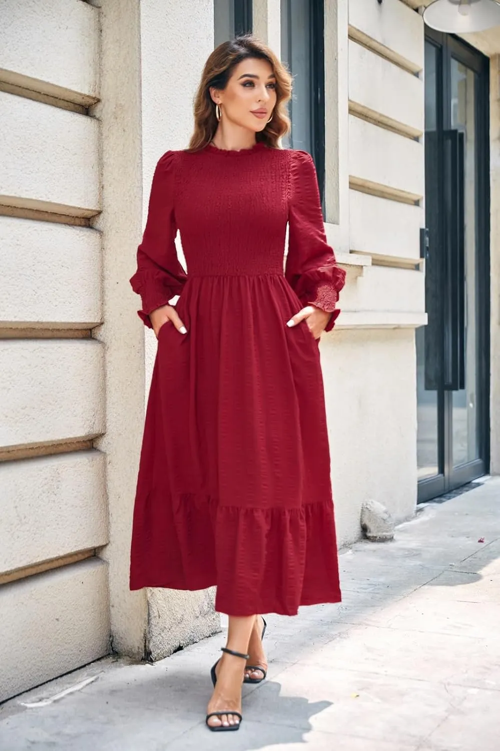 Women's 2025 Spring Fall Midi Dress Casual Long Sleeve Crew Neck Smocked Tiered Long Flowy Dresses with Pockets