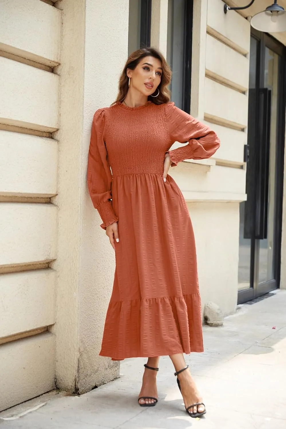 Women's 2025 Spring Fall Midi Dress Casual Long Sleeve Crew Neck Smocked Tiered Long Flowy Dresses with Pockets