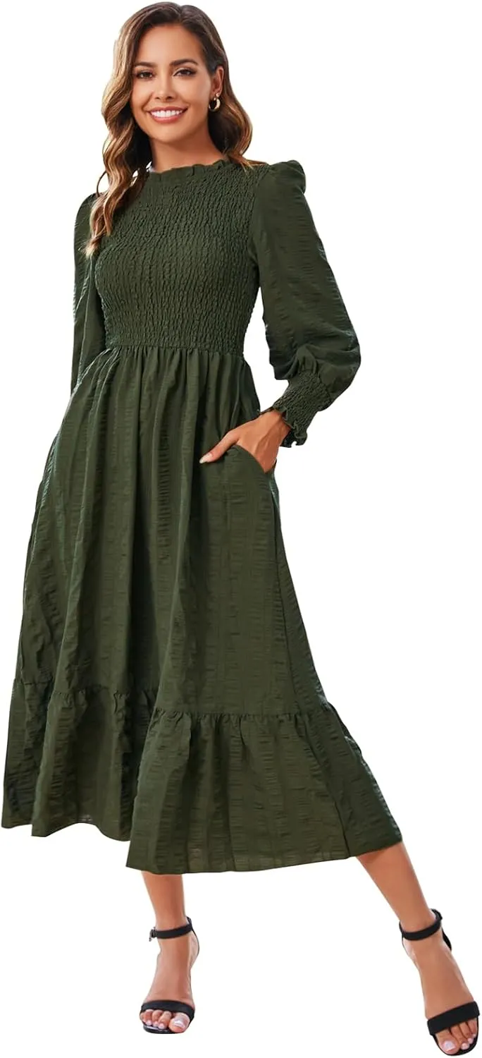 Women's 2025 Spring Fall Midi Dress Casual Long Sleeve Crew Neck Smocked Tiered Long Flowy Dresses with Pockets