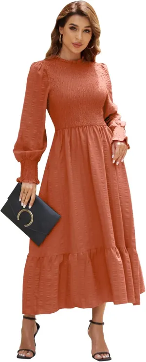 Women's 2025 Spring Fall Midi Dress Casual Long Sleeve Crew Neck Smocked Tiered Long Flowy Dresses with Pockets