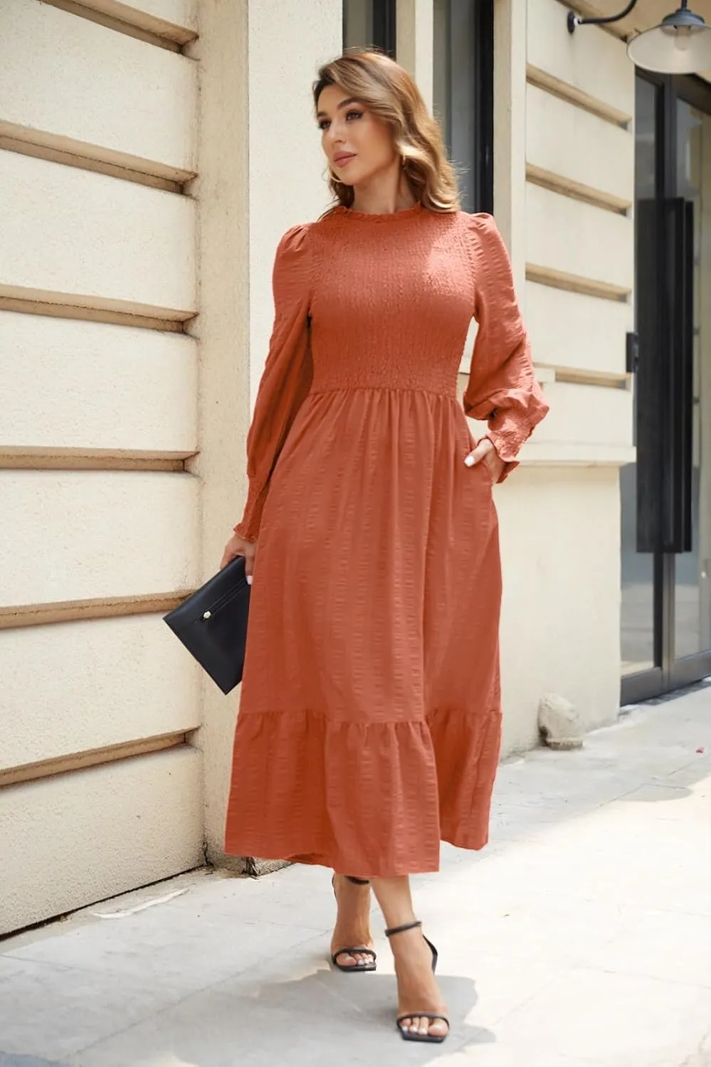 Women's 2025 Spring Fall Midi Dress Casual Long Sleeve Crew Neck Smocked Tiered Long Flowy Dresses with Pockets