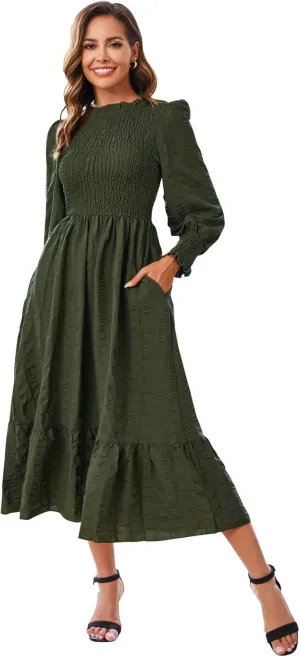 Women's 2025 Spring Fall Midi Dress Casual Long Sleeve Crew Neck Smocked Tiered Long Flowy Dresses with Pockets