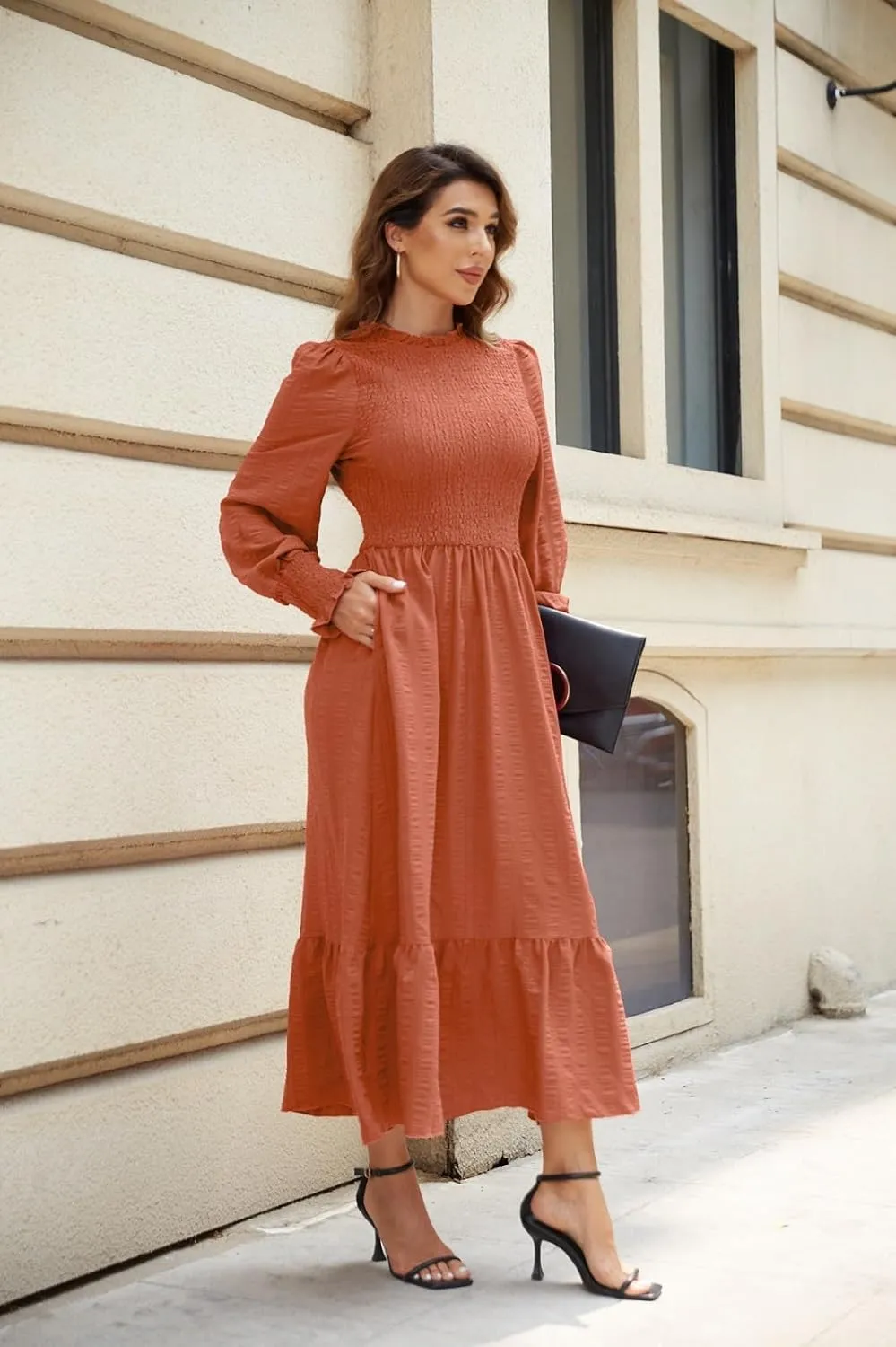 Women's 2025 Spring Fall Midi Dress Casual Long Sleeve Crew Neck Smocked Tiered Long Flowy Dresses with Pockets