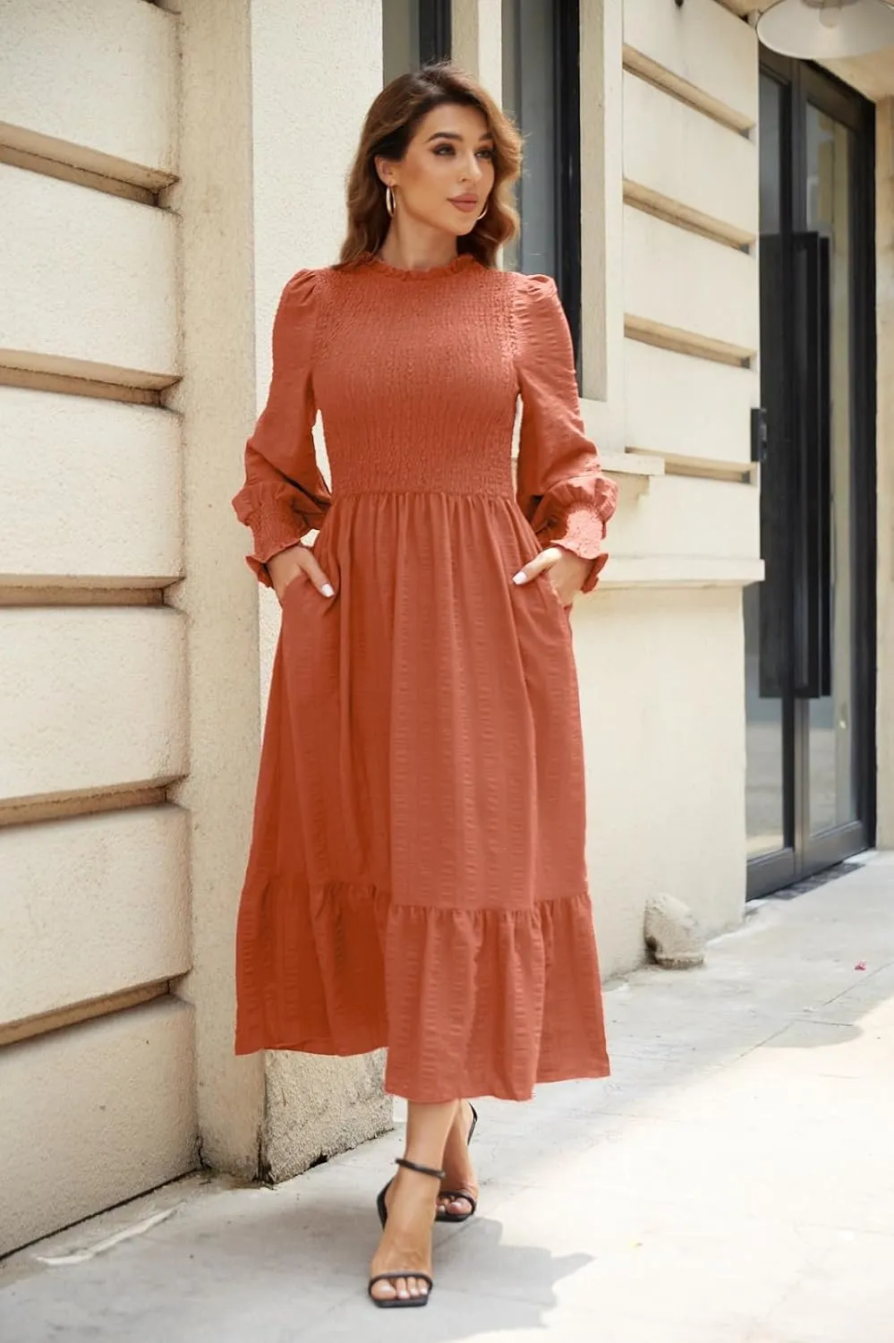 Women's 2025 Spring Fall Midi Dress Casual Long Sleeve Crew Neck Smocked Tiered Long Flowy Dresses with Pockets