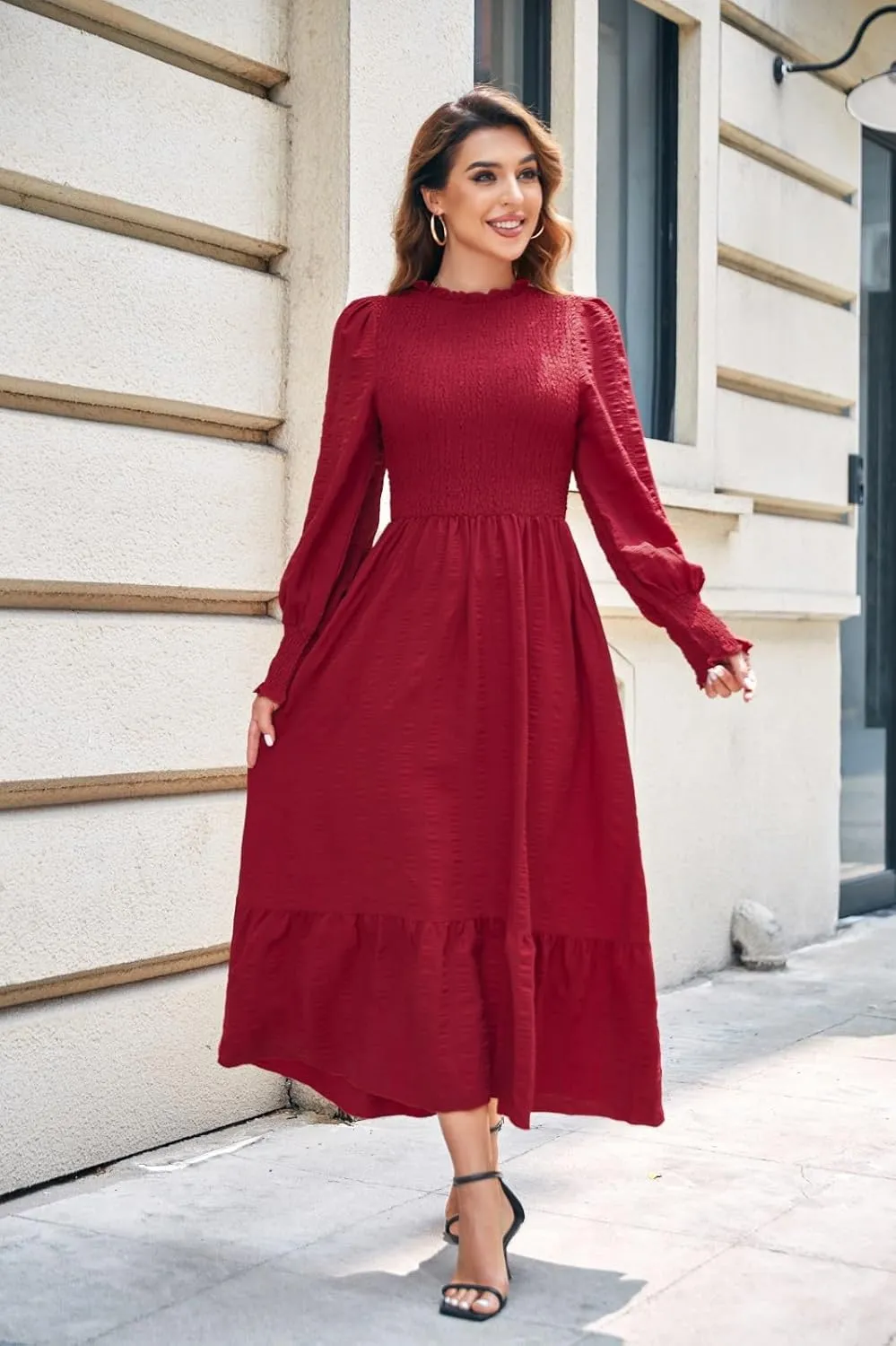 Women's 2025 Spring Fall Midi Dress Casual Long Sleeve Crew Neck Smocked Tiered Long Flowy Dresses with Pockets