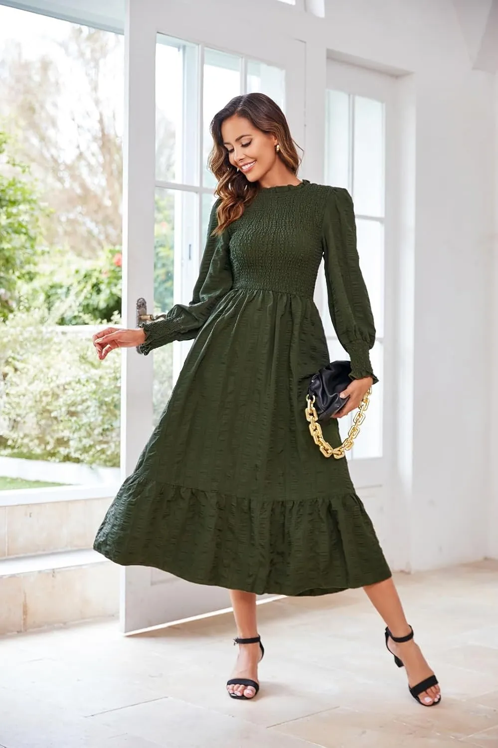 Women's 2025 Spring Fall Midi Dress Casual Long Sleeve Crew Neck Smocked Tiered Long Flowy Dresses with Pockets