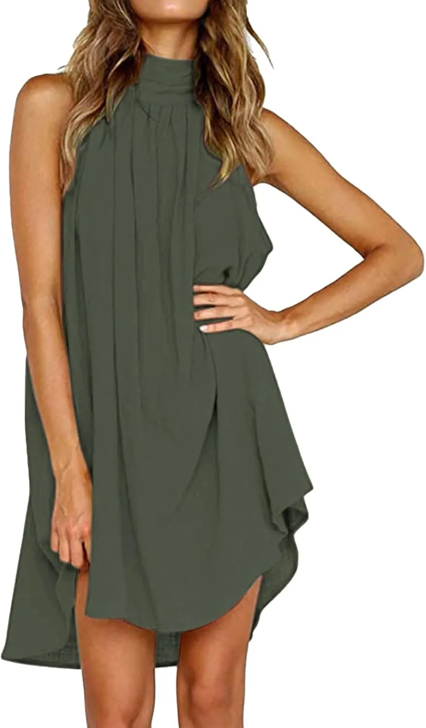 Women's Casual Tie Back Halter Neck Flared Hem Flowy Pleated Beach Sundress Sleeveless Summer A Dresses for Juniors